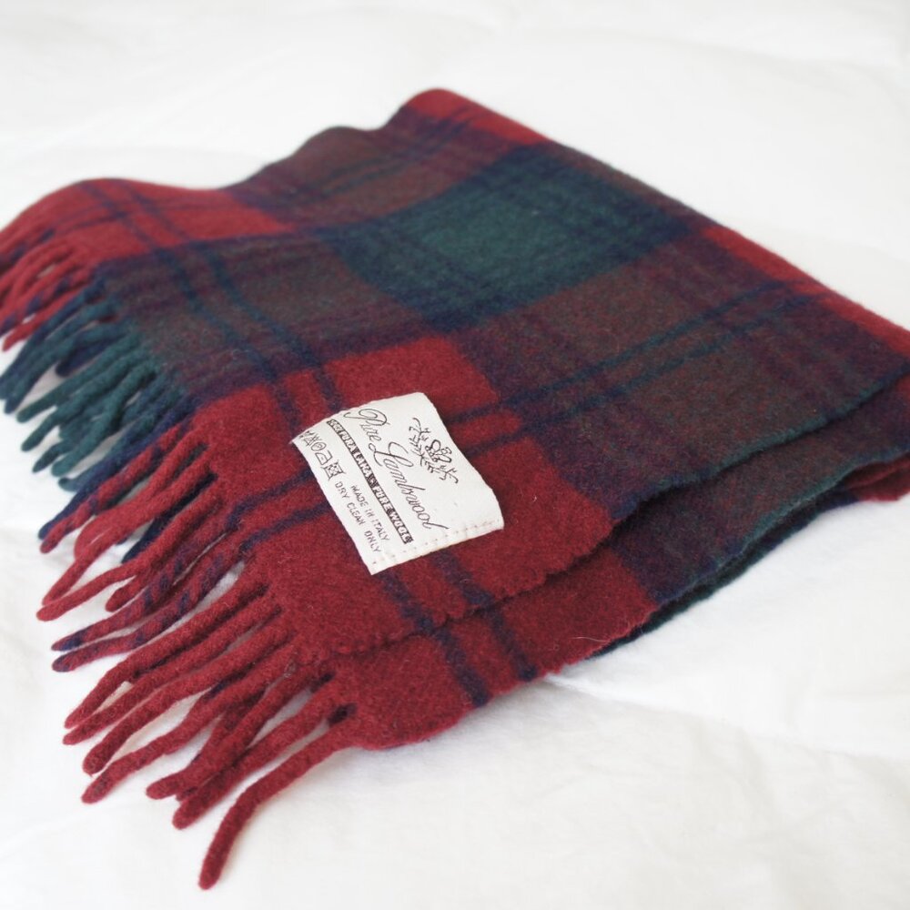 Italian 100% Lambswool  Dark Red Green & Purple Tartan Plaid Scarf